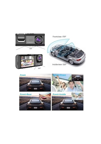 Buğz Siyah 1080p Araç İçi 3 Kameralı Lcd Ekranlı Gece Görüşlü , G-sensör , Geri Görüş Kamera