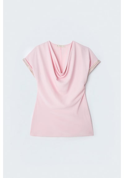 Sateen Kollar Taş Detaylı Salaş Bluz - Pembe-137392