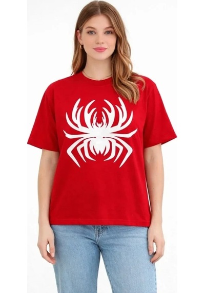 Valensdesign Örümcek Baskılı Tişört Kısa Kollu Bisiklet Yaka T-shirt - Kırmızı