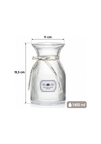 Porsima 04288 Dikey Çizgili Cam Vazo 1400 Ml Kurdele Detaylı Şeffaf Vazosu 19.5 Cm