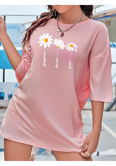 Papatyalar Baskılı T-shirt - Pembe Baskılı Oversize Bisiklet Yaka Kısa Kol Tişört Pembe