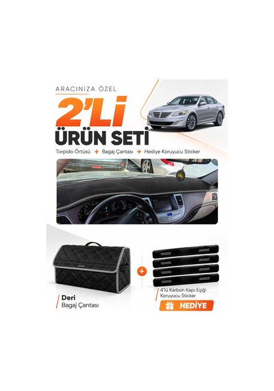 Hyundai Genesis 2008-2014 Uyumlu Torpido Örtüsü + Deri Bagaj Çantası + Sticker Seti - Siyah Gri