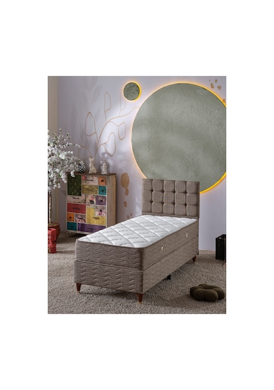 Beehanem Bengü Premium Baza + Yatak + Başlık Seti 90x190 Tek Kişilik Keten Kahverengi Modern 3'lü 90 x 190