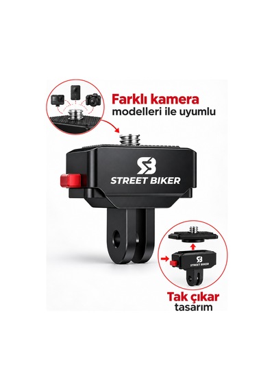 Acqr-01 Aksiyon Kamera Adaptörü 1/4 İnç Vidalı, Çatal Bağlantılı, Hızlı Tak Çıkar Siyah