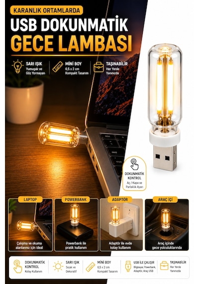 Usb Led Gece Lambası Sarı Işık Dokunmatik Mini Taşınabilir Lamba Laptop Powerbank Araç İçi 6,5 Cm 5v