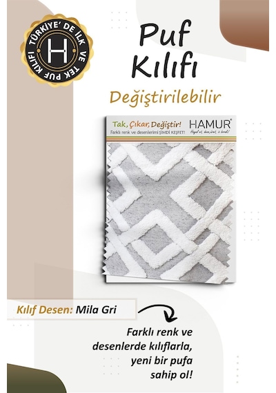 Yıkanabilir Puf Tabure Kılıfı Tak-Çıkar-Değiştir-Yenile Orta Sehpa Kılıfı By Mila Gri