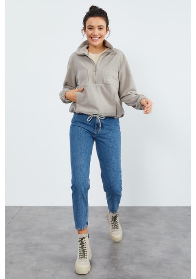 Tommy Life Koyu Bej Yarım Fermuar Etek Ucu Büzgülü Kadın Polar Oversize Sweatshirt - 97171 Koyu Bej