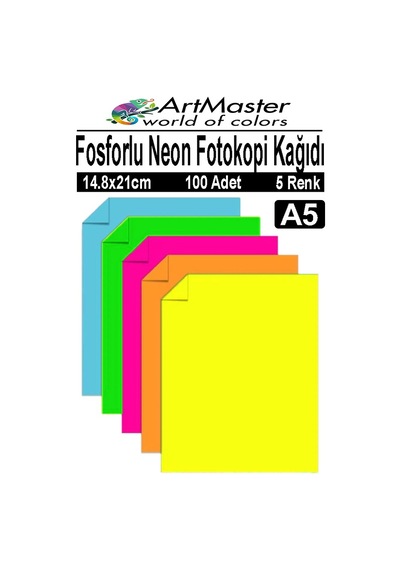 Fosforlu Neon Renkli A5 Fotokopi Kağıdı 100 Adet 1 Paket 14.8x21 Cm Fosforlu 5 Renk Parlak Canlı Renkler Neon Fotokopi