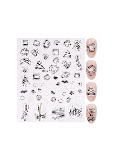 Beyaz Siyah Geometrik Çizim Tırnak Sticker Tırnak Etiketi Nail Art Jo-1053w