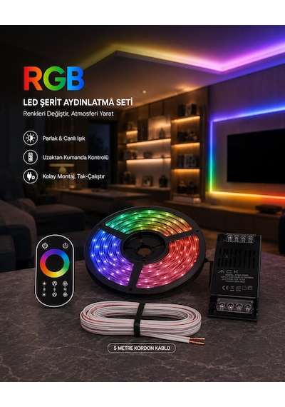 Ack 5 Mt Şerit Led / 5a Led Trafosu / 0,75 Kordon Kablo / Kumanda Modül Set