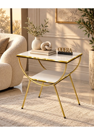Odera Çift Beyaz Çift Raflı Yan Sehpa Komodin Metal Ayaklı Retro Modern Sehpa Diğer