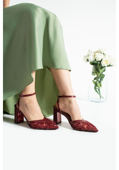 Elvı Kadın Taşlı Bej Topuklu Ayakkabı 9 Cm Bordo