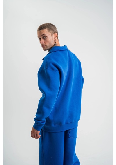 Erkek Patlı Yaka Üç İplik Pamuklu Sweatshirt Double Oversize Rahat Kalıp Günlük Kullanım - Mavi Mavi