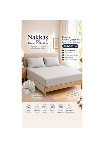 160x200 Lastikli Çarşaf Seti Pamuklu Çift Kişilik Çarşaf + Yastık Kılıfı - Gri Açık Gri