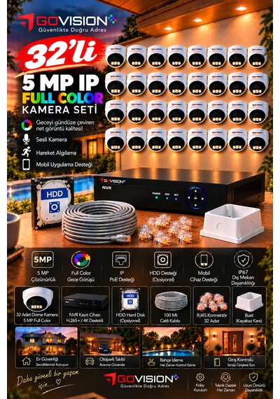 Go Vision 32'li Güvenlik Dome Ip Kamera Seti - 5mp Dome Kamera, 3.6mm Lens, H.265, Poe, Warm Led Gece Görüşlü