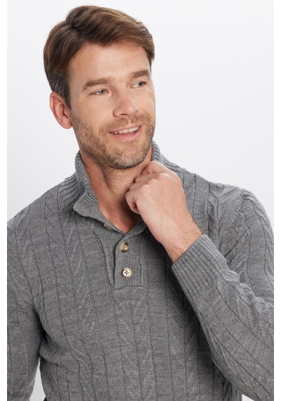 Tudors Erkek Slim Fit Dar Kesim Yumuşak Dokulu Desenli Dik Yaka Düğmeli Triko Gri Kazak-29887 Gri