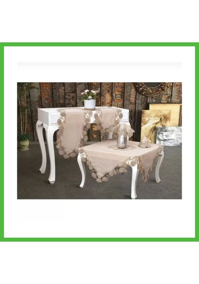 Vaveni Kapiçino Flowers Model 5 Parça Keten Dantelli Runner Seti Salon Takımı Arz Çok Renkli