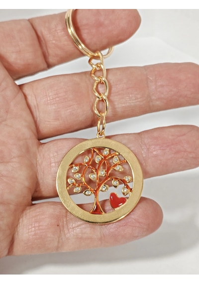 Kırmızı Hayat Ağacı Figürlü Gold Metal Anahtarlık - Kalp Detaylı Ve Zirkon Taşlı Aksesuar Çok Renkli