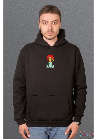 Bumeta Naruto Pikachu Balbazar Bulbasaur Anime Kızgın Ninja Japanese Sweatshirt Unisex Kapüşonlu Hoodie Siyah