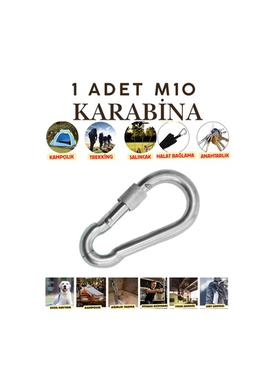 10 Mm Kilitli Karabina Paslanmaz Çelik Karabina Kamp Ekipmanı Tırmanma Dağcılık Salıncak Hamak Askı Gümüş Gümüş