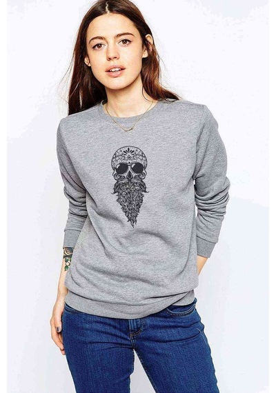 Sakallı Skull Siyah Baskılı Gri Kadın Sweatshirt