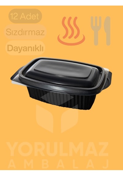 750 Cc Pp Kapaklı Sıcak Yemek Kabı 12 ' Li Mikrodalgaya Uygun Sızdırmaz Paket Servis Kabı Siyah