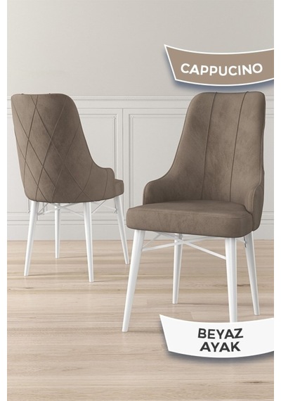 Canisa Neta Serisi, 1.sınıf Babyface Kumaş ,beyaz Gürgen Ayak, 8 Adet Cappucino Yemek Odası Sandalye Sandalye Cappucınou Ayakları Beyaz