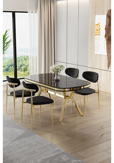 Canisa Olya Serisi 90x168 Lak Panel Sonata Masa Takımı Gold Ayaklı 4 Siyah Sandalye Sonata Masa Siyah Sandalye Canisa Olya Serisi 90x168 Lak Panel Sonata Masa Takımı Gold Ayaklı 4 Siyah Sandalye Sonata Masa Siyah Sandalye
