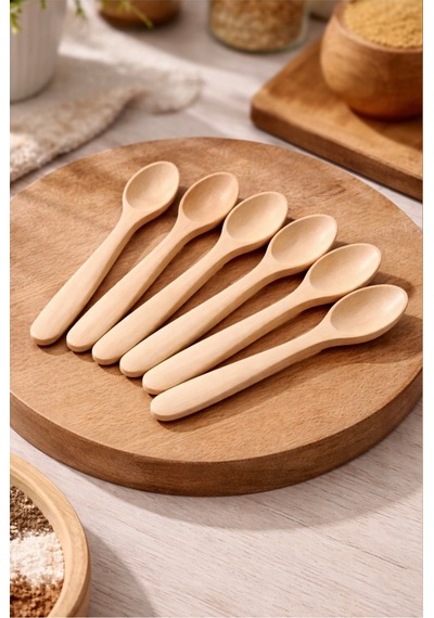 Bambu 6'lı Lüx Baharat Kaşığı Tatlı Kaşık Bej Bej