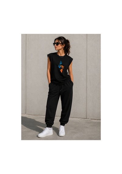 Herkesemoda Koi Balığı Baskı Detaylı Sıfır Kol Bisiklet Yaka T-shirt Siyah