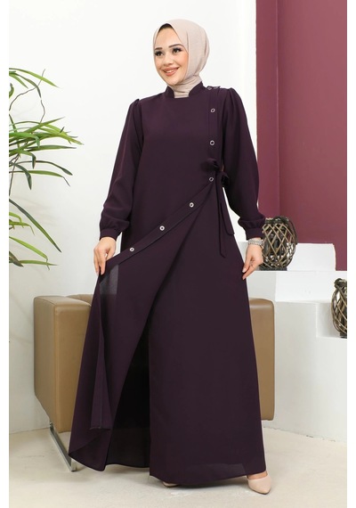 Nevayla Moda Bağlamalı Çıt Çıt Detaylı Ferace - Mürdüm Mürdüm