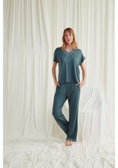 Modenya Kısa Kollu V Yakalı Dantelli Pijama Takımı Yeşil