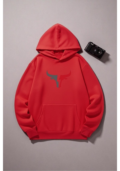 Uyguntarz Boğa Tasarım Baskılı Unisex Oversize Sweatshirt Kırmızı