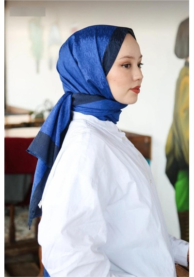 Premium Lux Original Monogram Şal İpek Vual, Yüksek Kalite, Hafif, Rahat, Şık, Tesettür, Shawl Saks Mavi Lacivert Şeritli