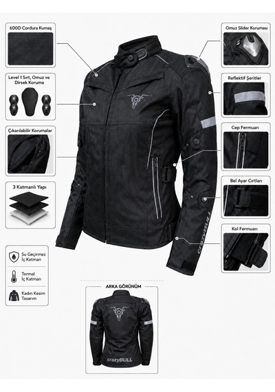 Motokit Crazybull Carmen Siyah Kadın 4 Mevsim 3 Katmanlı Korumalı Reflektörlü Motosiklet Montu