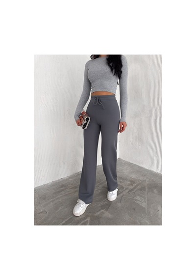 Dechival Kadın Bol Paça Fitilli Pantolon Yazlık Wide Leg Eşofman Altı Füme