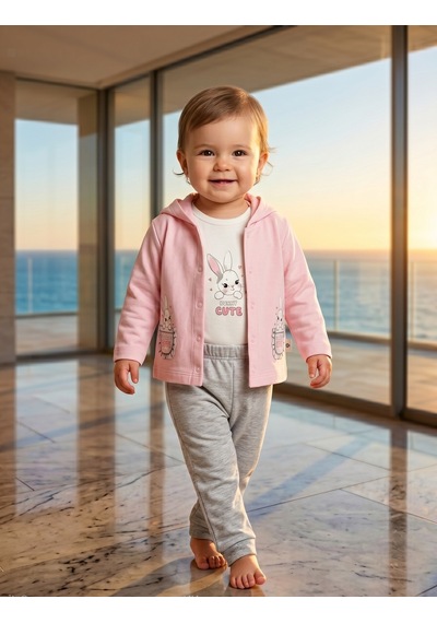 Kız Bebek Ayıcık Baskılı %100 Pamuklu Hırka Body Ve Pantolon 3'lü Takım Gülkurusu