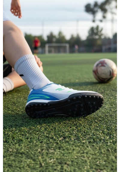 Enoch Profesyonel Dinamik Hatlı Düz Taban Halı Saha Ayakkabısı Beyaz - Mavi