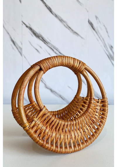 Vollen Yarn Doğal Bambu Çanta Bursu 16cm Çapında Kahverengi