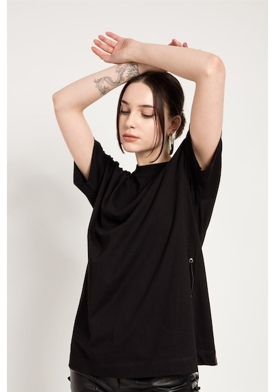 Jahr Marc Yanları Lastikli Oversize Siyah T-Shirt Elbise