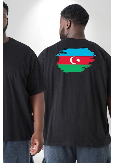 Angemiel Azerbeycan Bayrağı Büyük Beden Siyah Tişört Kadın Erkek Ünisex Sırt Baskılı Siyah