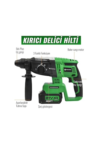 Prohummer Ph348 Yeşil Profesyonel Akülü Süper 6lı Set Makina - 125mm Avuç Taşlama, Sds Plus Kırıcı Delic, Somun Sıkma Sökme, Vidalama Matkap, Budama Testere, Budama Makası