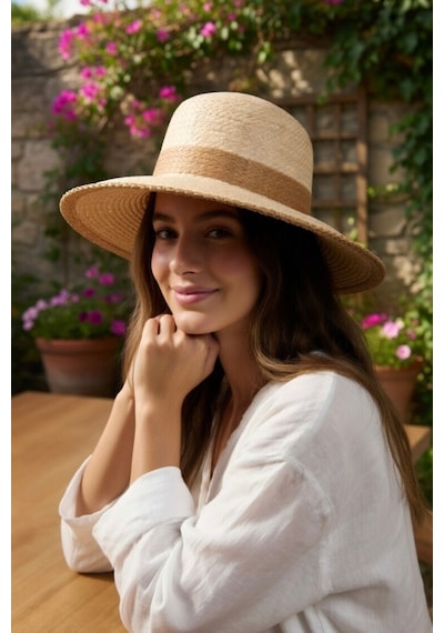 Mollycrush Kadın Camel Bantlı Dikiş Detaylı Hasır Fötr Şapka Yazlık Geniş Kenarlı Trend Plaj Modası Bej