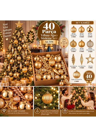 40 Parça Altın Yılbaşı Ağacı Süsleme Seti Top, Yıldız, Damla Ve Spiral Dekor Süsleri 3 CM