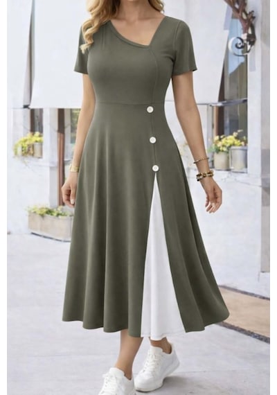 Butik İstanbul Kadın Kısa Kollu Asimetrik Yakalı Düğme Detaylı Midi Viskon Elbise Yeşil Butik İstanbul Kadın Kısa Kollu Asimetrik Yakalı Düğme Detaylı Midi Viskon Elbise Yeşil