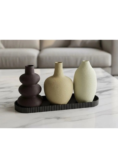 3d Baskı 3lü Dekoratif Vazo Seti Ve Sunum Tepsisi - Modern Minimalist Masa Dekoru Çok Renkli