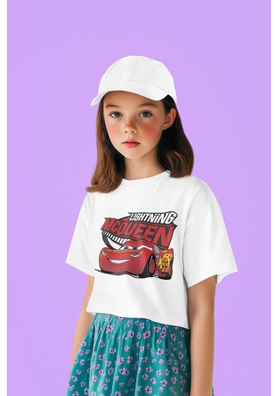 Sevbano Lightning Mcqueen Baskılı Unisex Arabalar Şimşek Çizgi Film Çocuk Beyaz