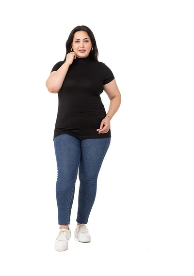 Disentis Büyük Beden Yarım Balıkçı Kısa Kollu Viskon Siyah Body Siyah