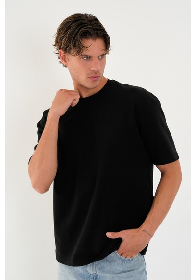 Blank Unisex Oversize Geniş Kesim Tişört %100 Pamuk Kalın Dokulu Bisiklet Yaka T-shirt Siyah