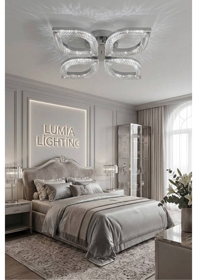 LumiaLighting Yonca Model Gümüş Kumandalı 4"lü Ledli 3 Renk Modu Kristal Salon Mutfak Yatak Çocuk Odası Avize